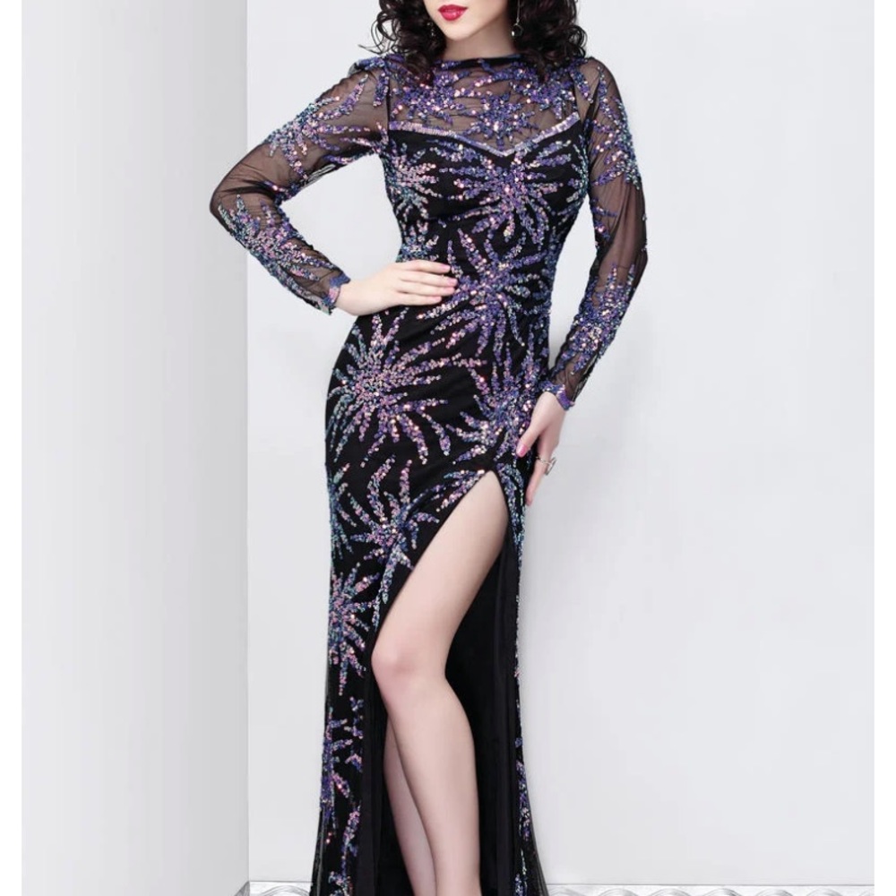 primavera black sheer sleeve multicolored sequin dress 10
